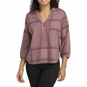 PrAna Elena Top Blouse SZ M  Mauve Santa Fe Pink Plaid Henley 3/4 Sleeve Organic
